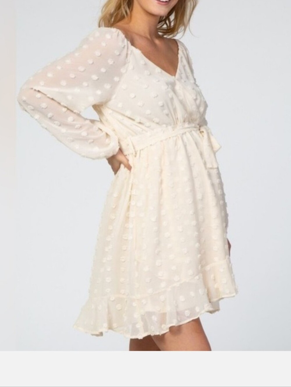 Swiss Dot Long-Sleeve Tie-Waist Mini Dress in Cream